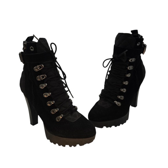 Guess Shoes - GUESS Black Quilted Lace Up‎ Women's Platform Ankle Boots Heeled Combat Size 7.5